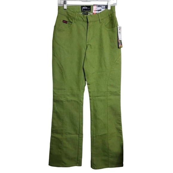 Fubu Y2K Log On Stretch Mid Rise Flared Leg Green Denim Jeans Womens Sz 5/6 RARE - Picture 1 of 10